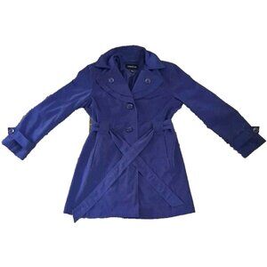 London Fog Womens Trench Coat Blue Purple Belted Buttons Short Satin Lined L